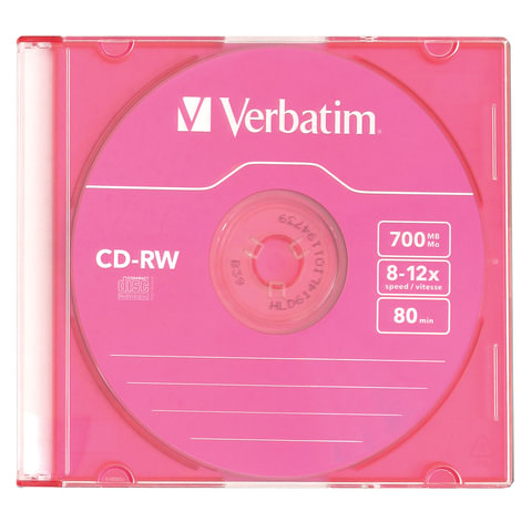  CD-RW VERBATIM, 700 Mb, 8-12, Colour Slim Case, 43167