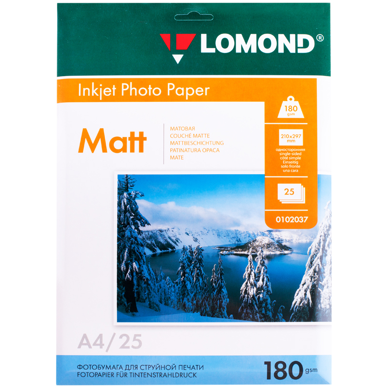 Фотобумага А4 для стр. принтеров Lomond, 180г/м2 (25л) мат.одн.