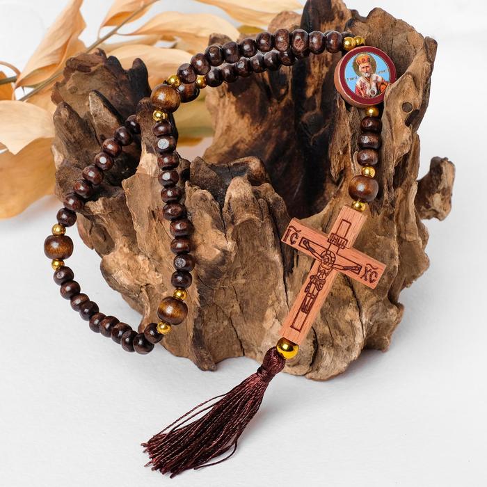 Чётки деревянные "Православные" с крестиком и иконой, кисть, 57 бусин, цвет бежево-сливовый