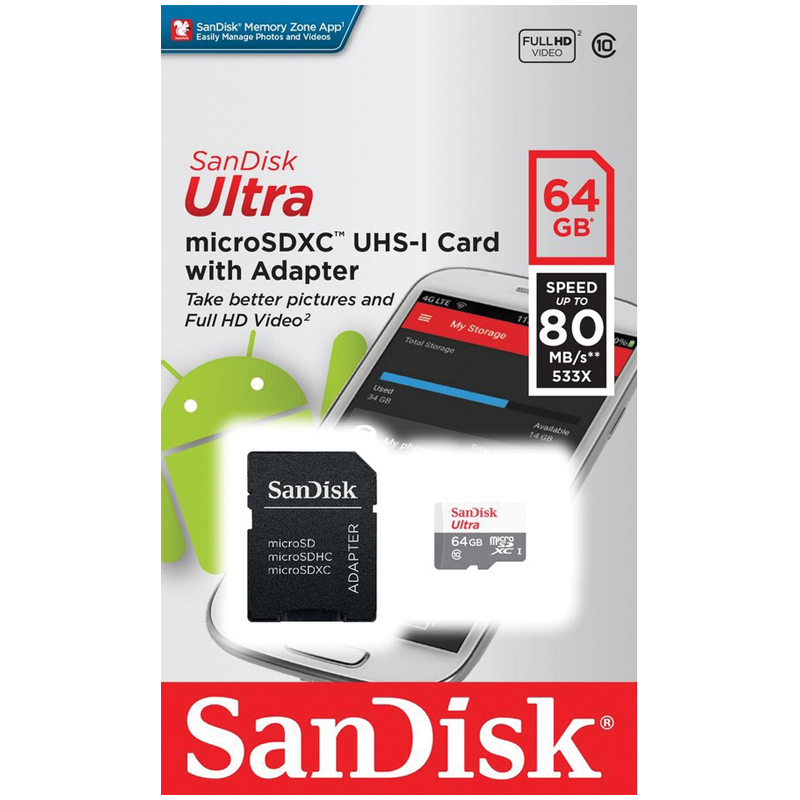   SanDisk MicroSDHC Ultra 64GB, Class 10,   80/ (  SD)