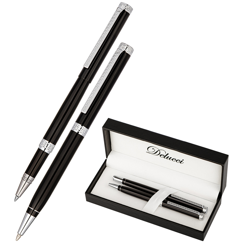 Набор Delucci "Classico": ручка шарик., 1мм и ручка-роллер, 0,6мм, синие, корпус черный, подарочная упаковка