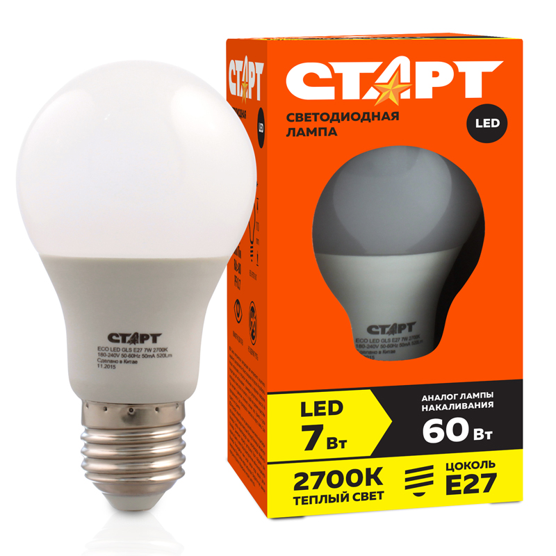 Лампа светодиодная Старт LED, серия "ЭКО" 7W30, тип А "груша", E27, 2700К, теплый свет, 15000ч