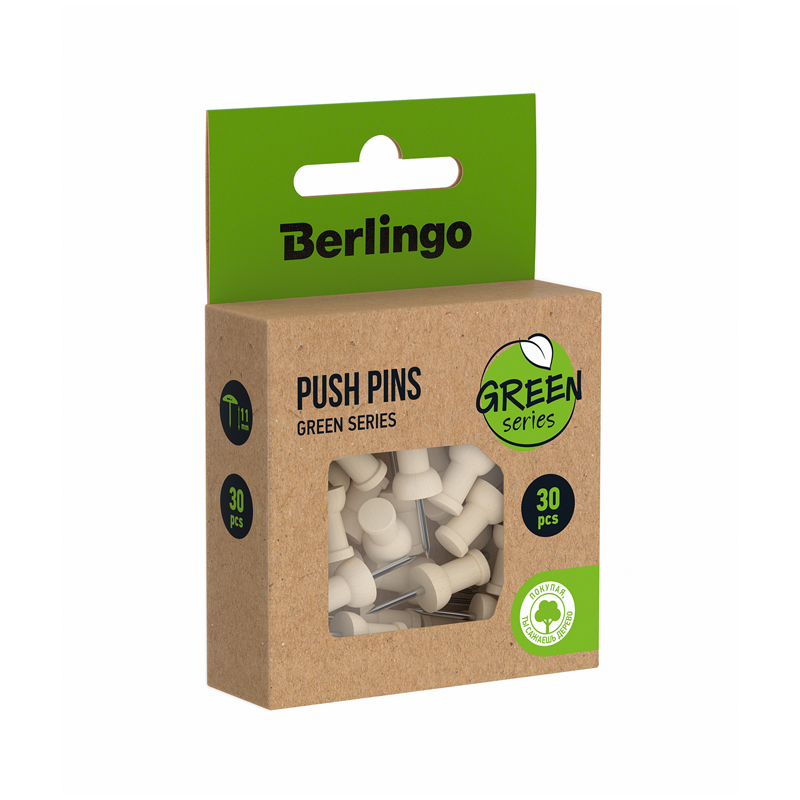 Кнопки силовые Berlingo "Green Series", 30шт., деревянные, крафт упак., европодвес