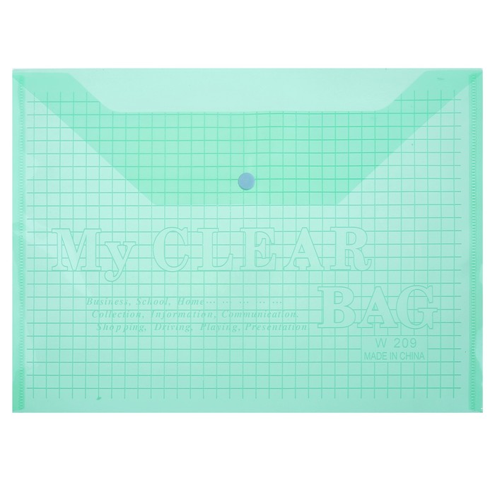 Папка-конверт на кнопке, формат А4, 80 мкр, «Клетка», тонированная, зелёная
