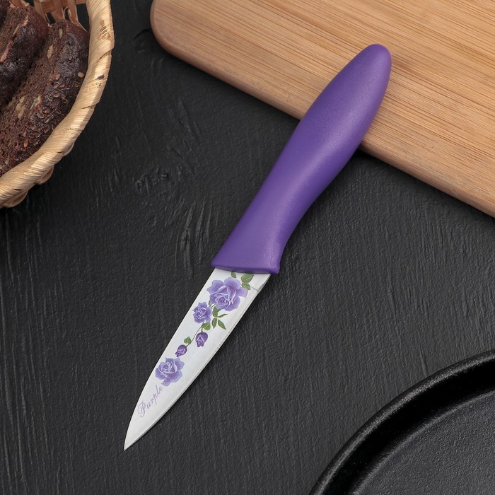 Нож кухонный с антиналипающим покрытием "Сиреневая роза" лезвие 8 см, цвет фиолетовый