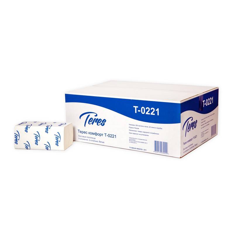 Полотенца бумажные ТЕРЕС КОМФОРТ, 2 слойные, V(ZZ)-сложение, 22х23 см, 200 л., белые