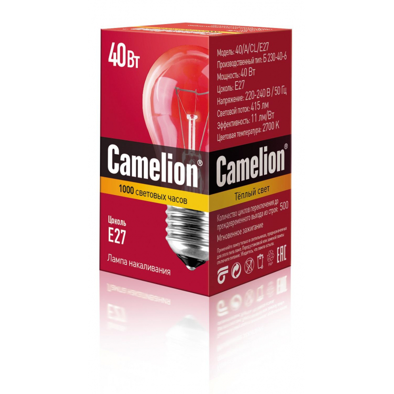 Лампа накаливания Camelion 40/A/CL/E27 40Вт Е27 гр