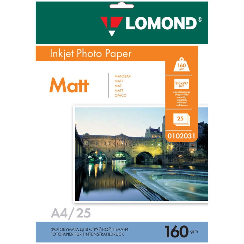 Фотобумага А4 для стр.принтеров Lomond, 160г/м2 (25л) матовая односторонняя