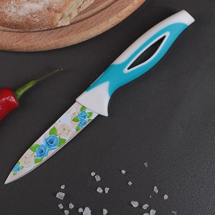 Нож кухонный с антиналипающим покрытием "Райский сад" лезвие 8,5 см, цвет голубой
