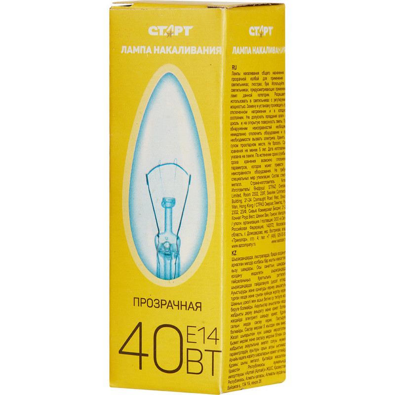 Электрическая лампа СТАРТ свеча/прозрачная 40W E14