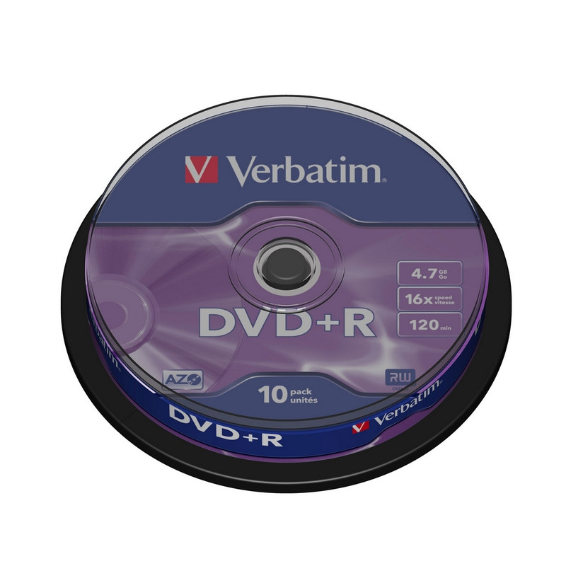 Носители информации DVD+R, 16x, Verbatim Azo Matt Silver, Cake/10, 43498