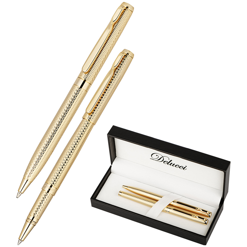 Набор Delucci "Celeste": ручка шарик., 1мм и ручка-роллер, 0,6мм, синие, корпус золото, подарочная упаковка