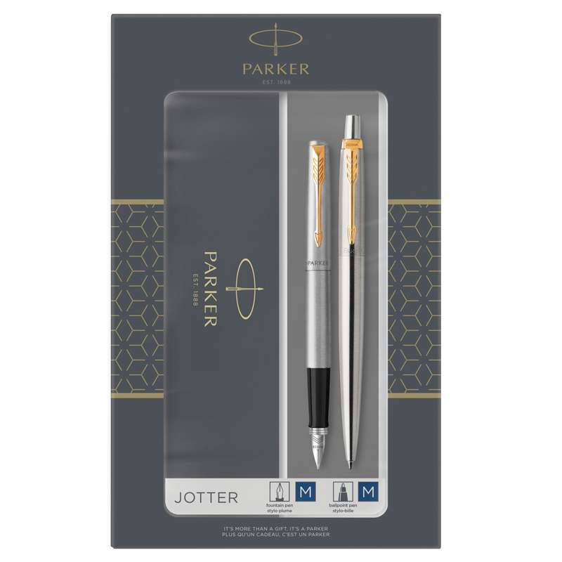 Набор Parker "Jotter Stainless Steel GT": ручка шариковая, 1,0мм и ручка перьевая, 1,0мм, подар.уп.