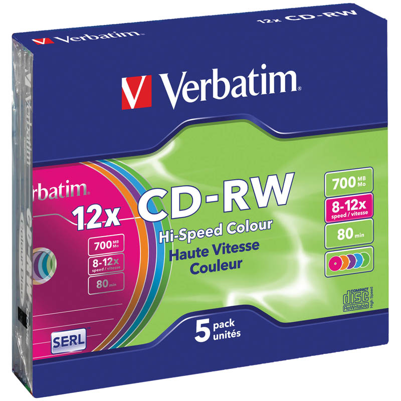  CD-RW 700Mb Verbatim 8-12 Color Slim Case (5)