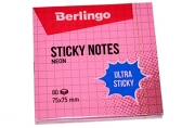 Самоклеящийся блок Berlingo "Ultra Sticky", 75*75мм, 80л, в клетку, розовый неон
